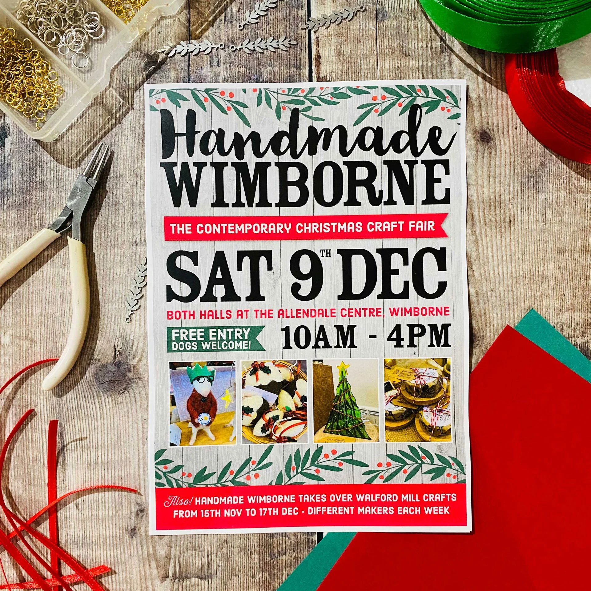 Red craft fair poster with green and red decorative borders, showcasing handmade Christmas crafts and event details for the Wimborne Christmas Craft Fair on December 9th, at the Allendale Centre, Wimborne, including open hours, free entry, and dog-friendly note.