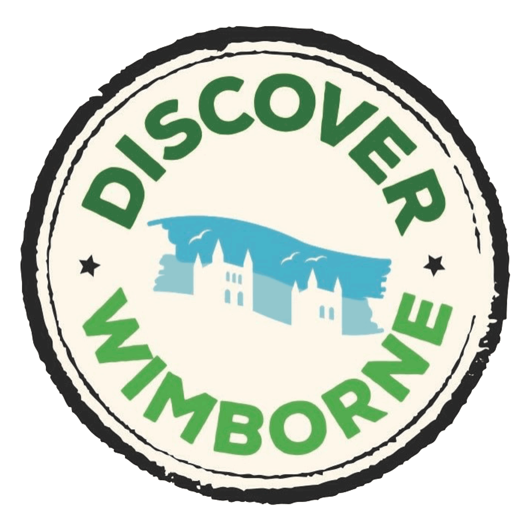 Close-up of a circular logo with the text 'DISCOVER' in green at the top and 'WITH BORB' in green at the bottom, surrounding a blue illustration of a castle or cathedral with a clock tower, trees, and flying birds.