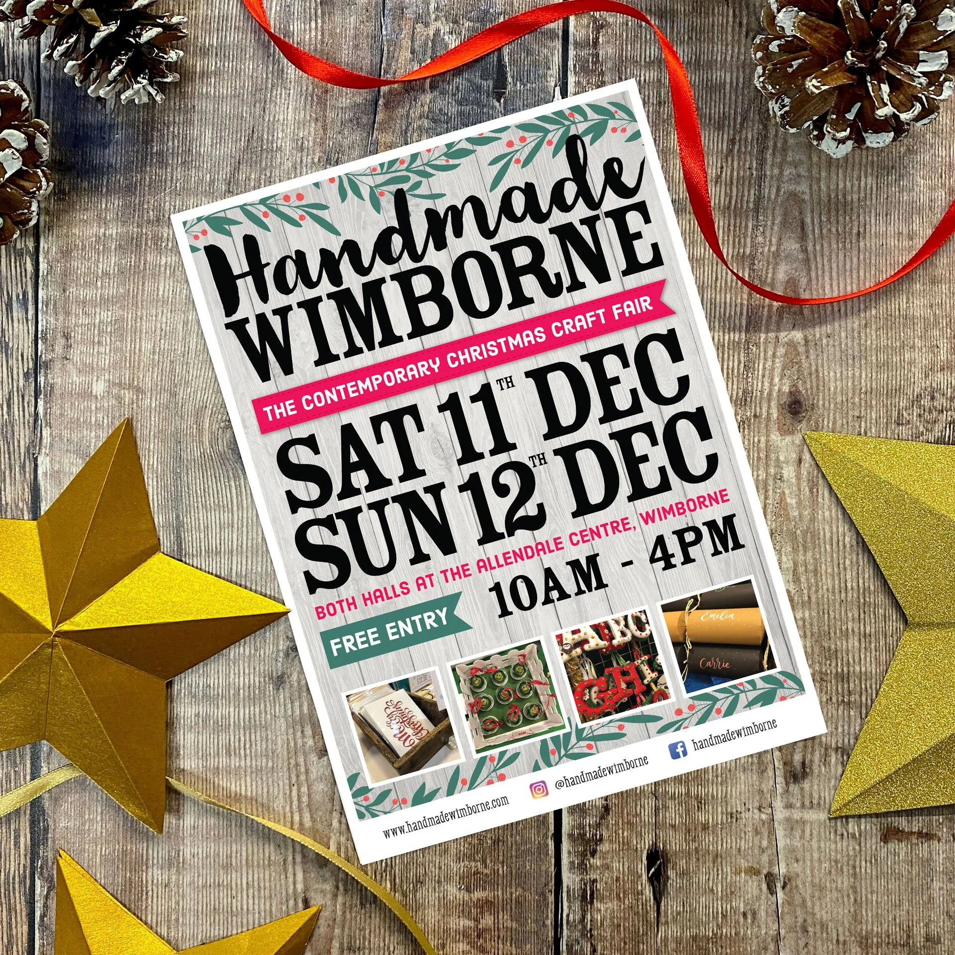 A flyer for the Handmade Wimborne Christmas Craft Fair showcasing holiday-themed crafts, with decorative pinecones, gold stars, and festive ornaments around it on a rustic wooden surface.