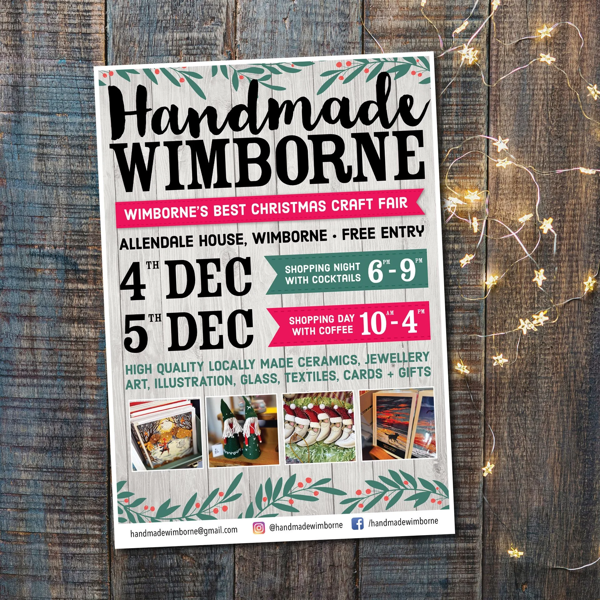 A flyer for a Christmas craft fair titled "Handmade Wimborne," on a wooden surface with festive string lights. The flyer includes event details, images of handmade crafts like holiday cards, plush toys, and artwork, and contact information.