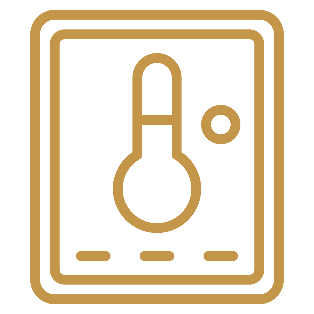 Outline of a control panel with a thermometer and a button, designed in gold and black.