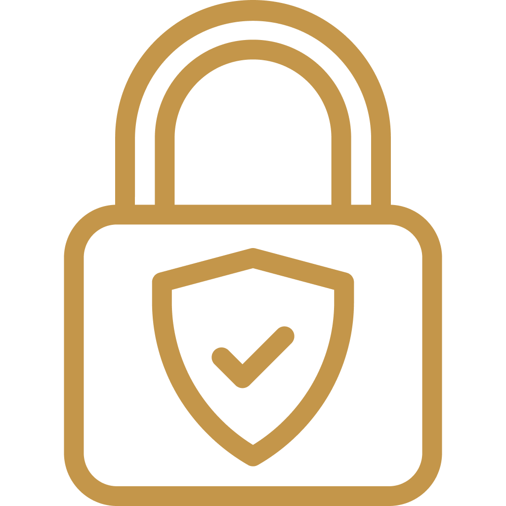 Golden outline icon of a padlock with a shield and checkmark symbol in the center.