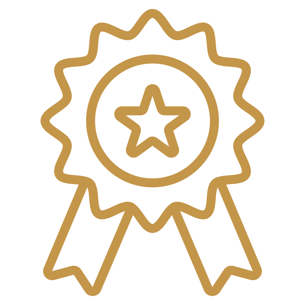 Gold outline of a medal with a star in the center and two ribbons hanging down.