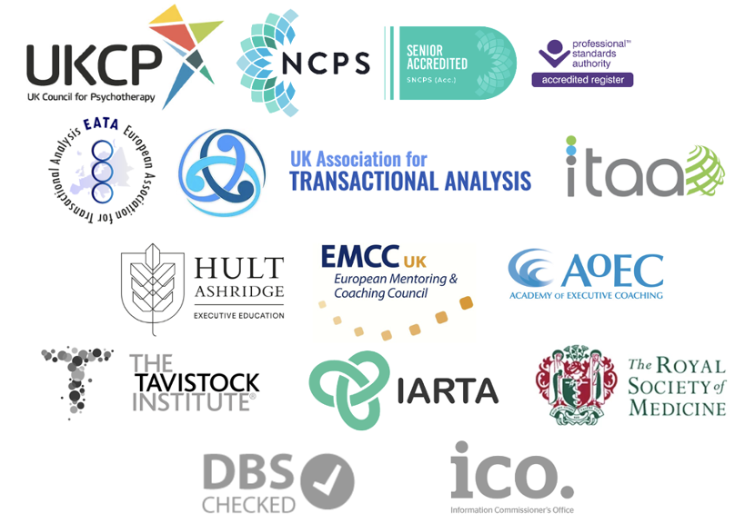 Collection of logos from various professional organizations and institutes, including UKCP, NCPS, SENIOR ACCREDITED, professional standards authority, European Association for Transactional Analysis, Hult Ashridge, EMCC UK, AOEC, Tavistock Institute, IARTA, The Royal Society of Medicine, DBS Checked, and ICO.