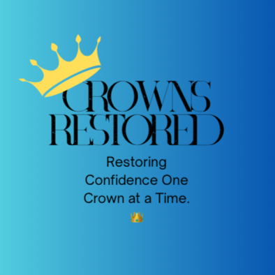 Logo with a gold crown and the text 'Crowns Restored' and 'Restoring Confidence One Crown at a Time' on a blue gradient background.