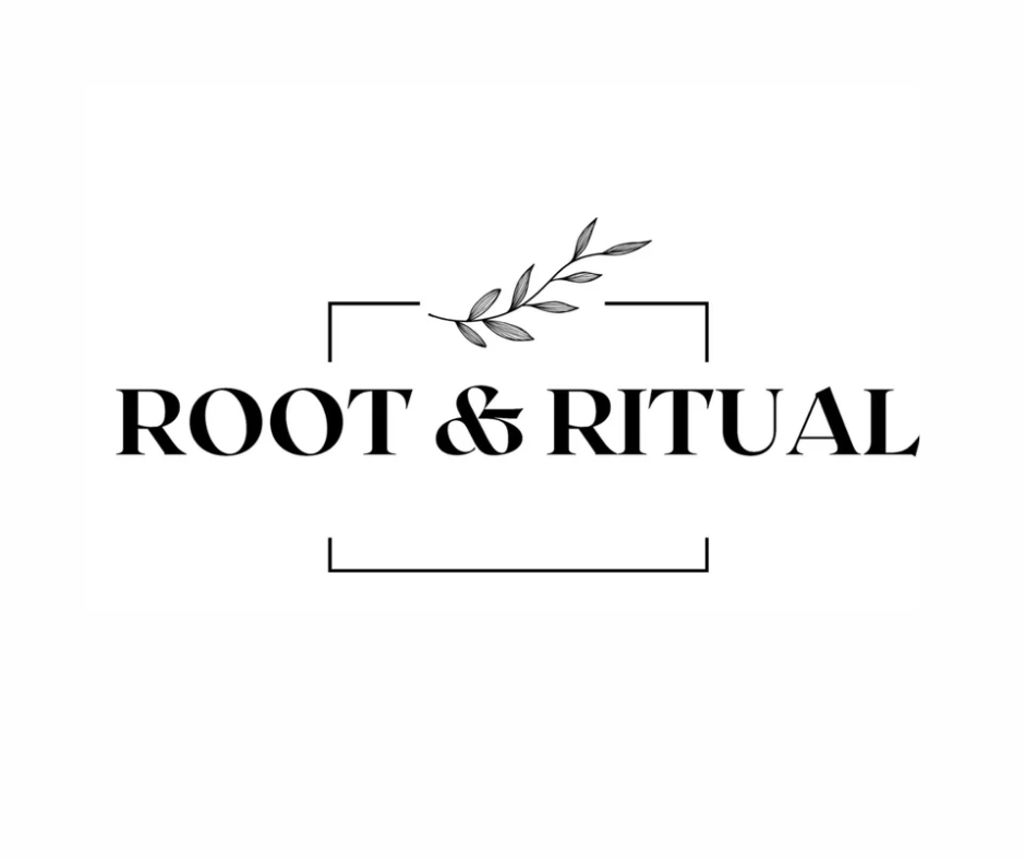 Logo with the words "ROOT & RITUAL" in bold black letters, a simple illustration of a branch with leaves at the top, and black corner brackets surrounding the text.
