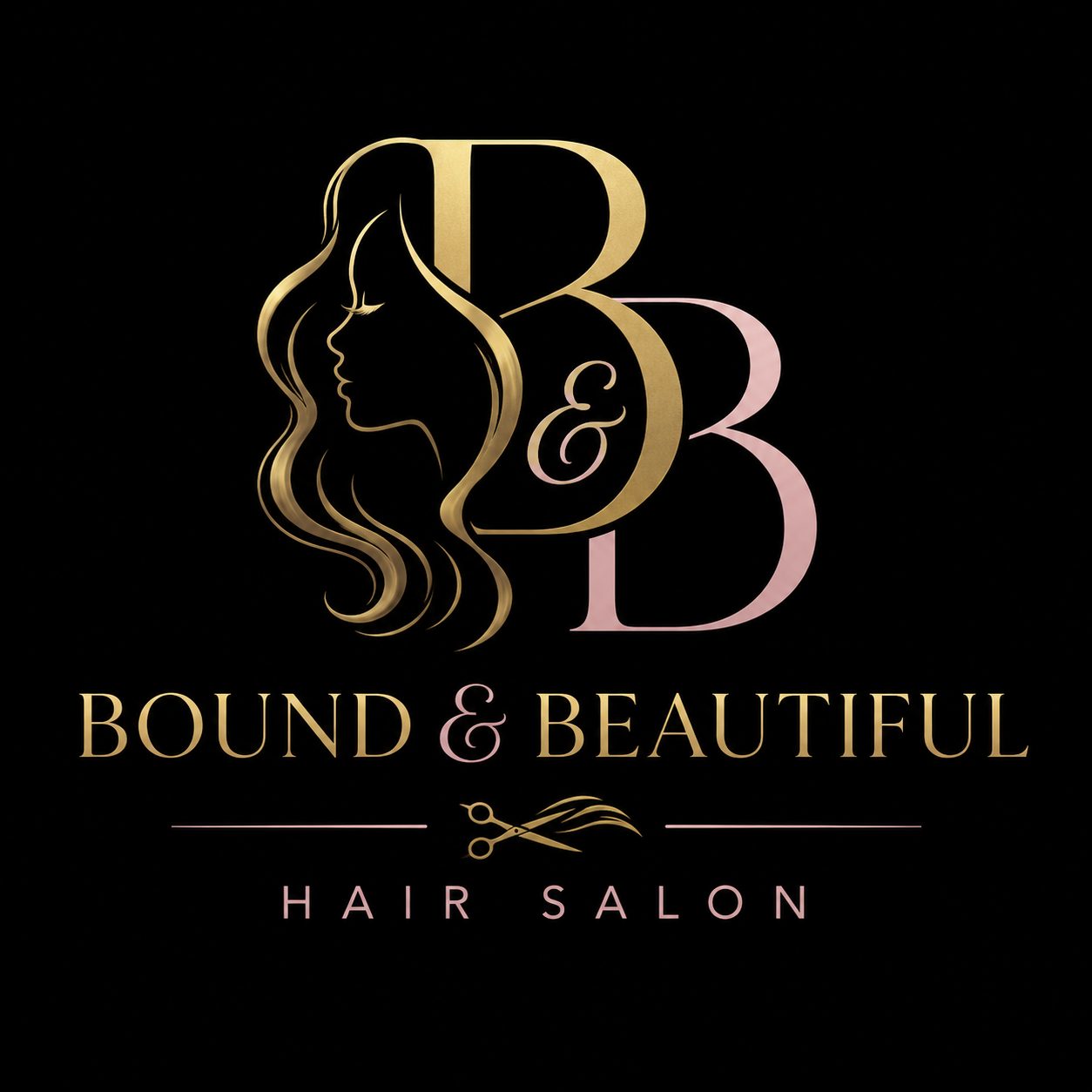 Logo for Bound & Beautiful Hair Salon featuring a gold silhouette of a woman's profile with long flowing hair, black background, and stylized text in gold and pink.