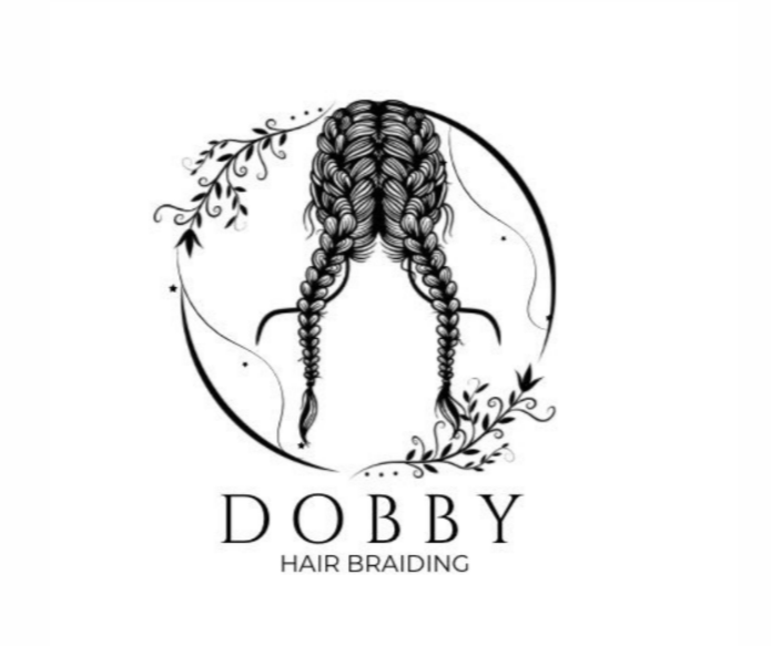Logo for Dobby Hair Braiding featuring a woman with two intricate braids and decorative floral elements.