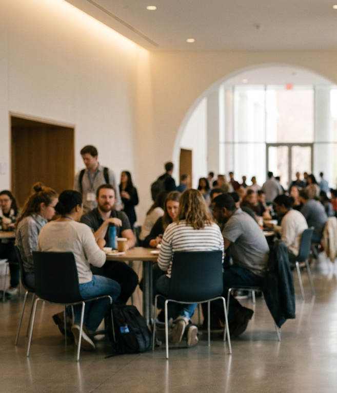 People sitting around round tables at a conference or event in a large, well-lit hall.