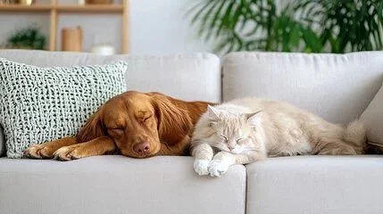 A dog and a cat sleeping on a white sofa in a cozy living room.