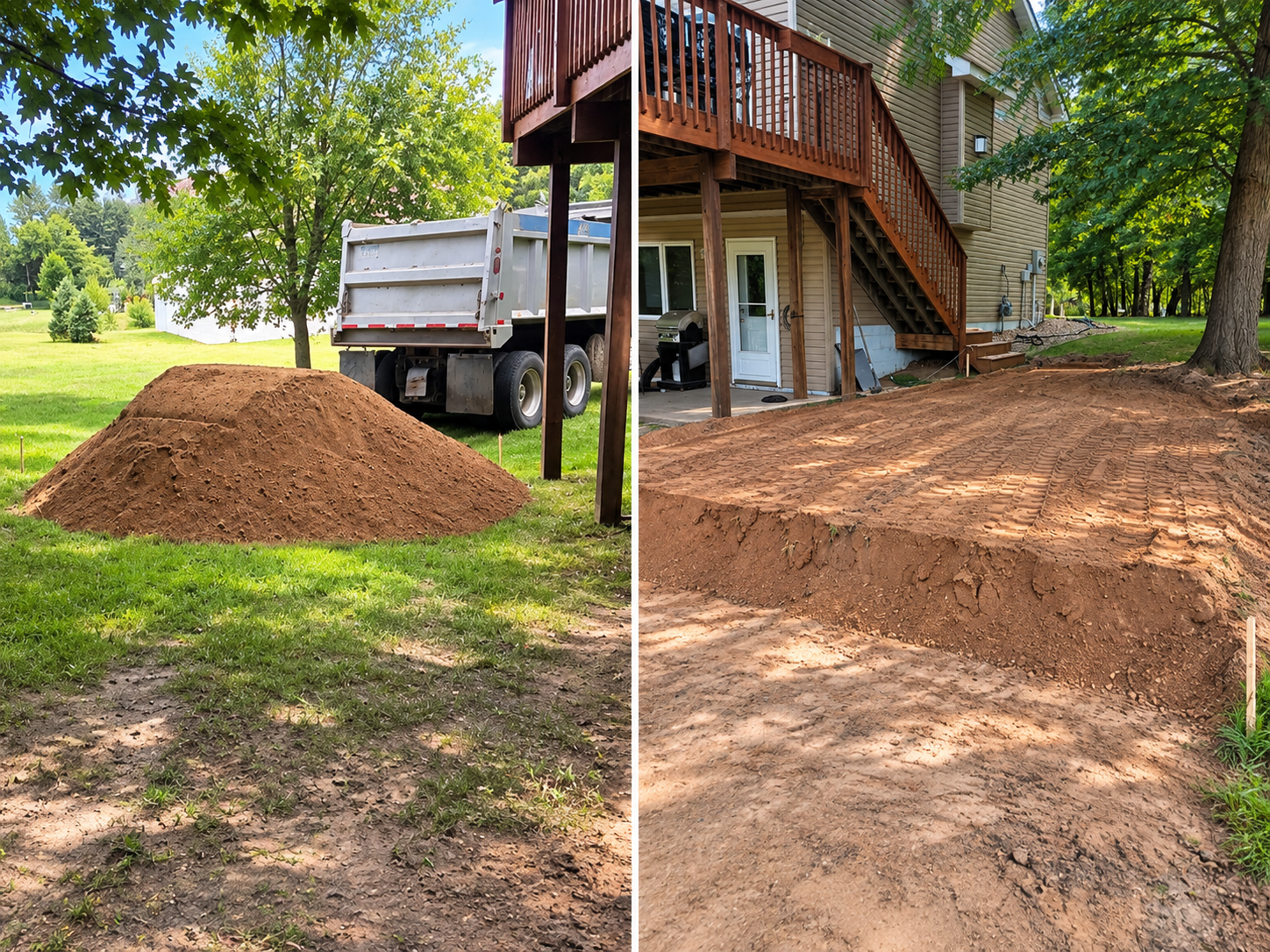 Comparison of yard preparation for landscaping and driveway; left side shows a pile of dirt and a dump truck in a grassy yard, right side shows a leveled dirt area near a house with stairs and trees.