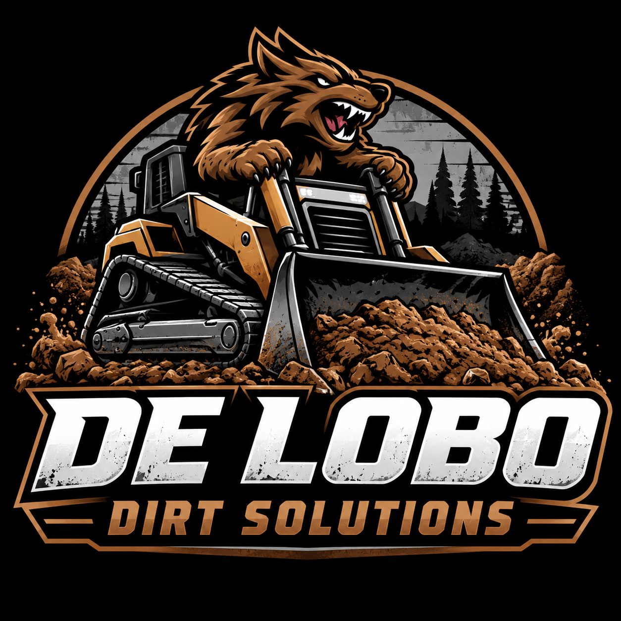 A logo for De Lobo Dirt Solutions featuring a snarling wolf with sharp teeth, atop a bulldozer moving dirt, with a forest and mountains in the background.