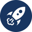 Icon of a rocket ship with a checkmark.