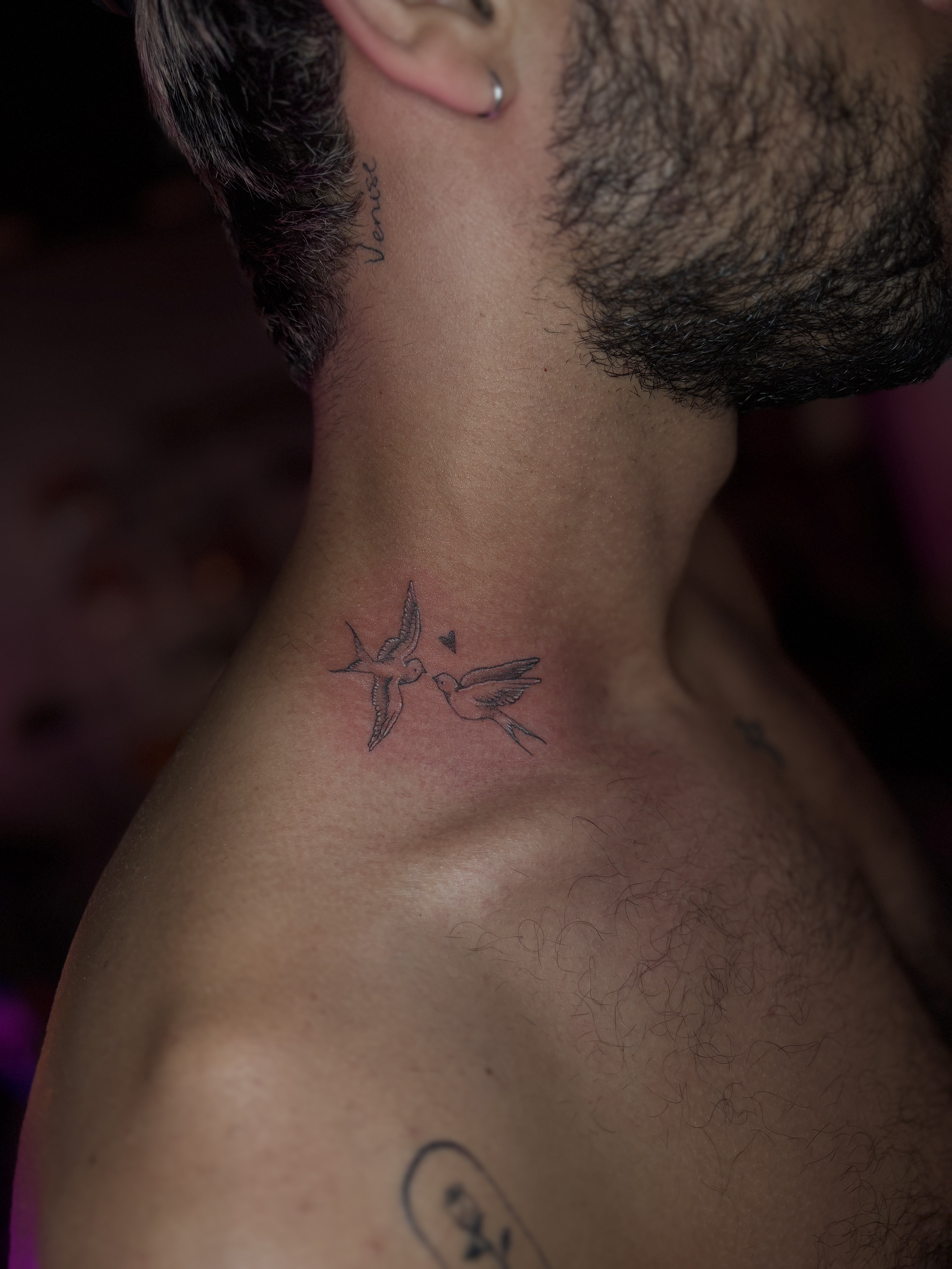 Close-up of a person's neck with tattoos of two lovebirds.