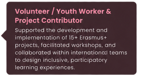 Text listing volunteer and youth worker roles with details about supporting Erasmus+ projects, workshops, and collaborative international team activities.