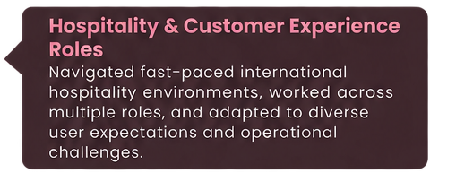 Text on a dark background about hospitality and customer experience roles, focusing on international environments and operational challenges.