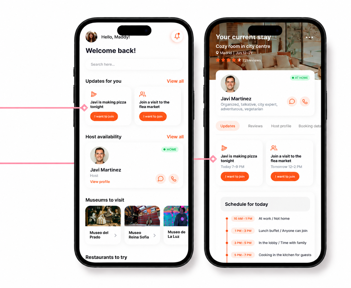 Two smartphones displaying a travel app interface. The left phone shows updates, host availability, and museums to visit. The right phone displays current stay details, host profile, activities, and scheduled events for the day.