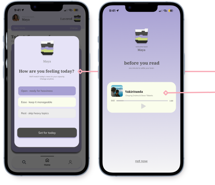 Two smartphone screens displaying a meditation app. The left screen shows a prompt asking 'How are you feeling today?' with options including 'Open - ready for heaviness,' 'Ease - keep it manageable,' and 'Rest - skip heavy topics,' along with a 'Set for today' button. The right screen shows a welcome message, 'before you read,' with a music or meditation track titled 'Vakiritunda' by Choying Drolma & Steve Tibbetts, and controls for playback.