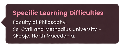 Slide titled 'Specific Learning Difficulties' from a presentation at Ss. Cyril and Methodius University in Skopje, North Macedonia.
