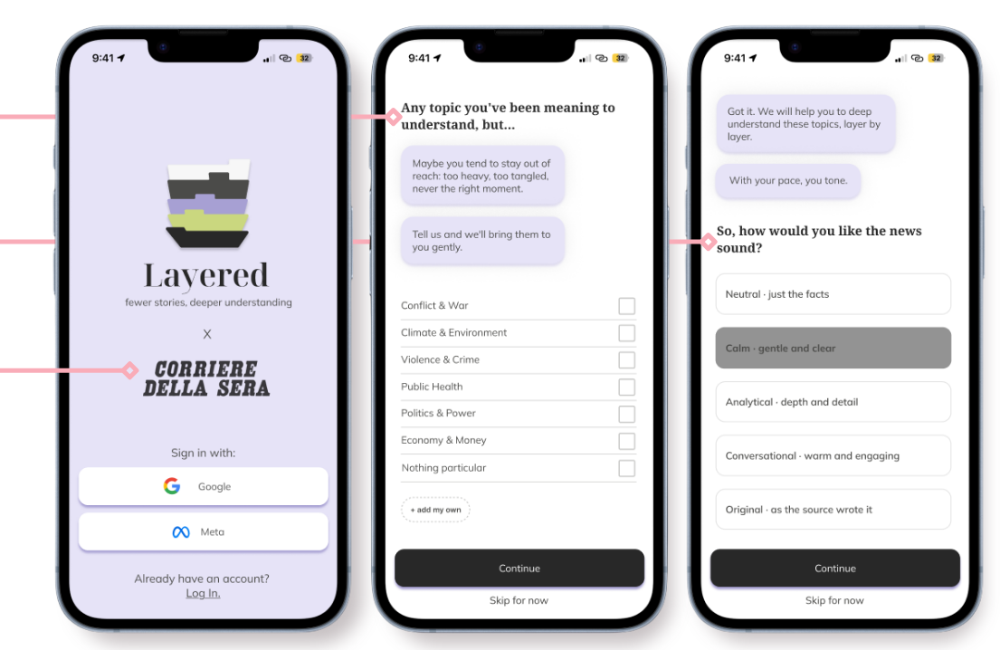 Three smartphone screens displaying the onboarding process for a news app called 'Layered,' affiliated with Corriere Della Sera. The first screen shows the app's logo and sign-in options. The second screen prompts users to select topics of interest such as Conflict & War, Climate & Environment, Violence & Crime, Public Health, Politics & Power, Economy & Money, or Nothing particular. The third screen asks how users prefer their news sound, with options including Neutral, Calm, Analytical, Conversational, or Original.