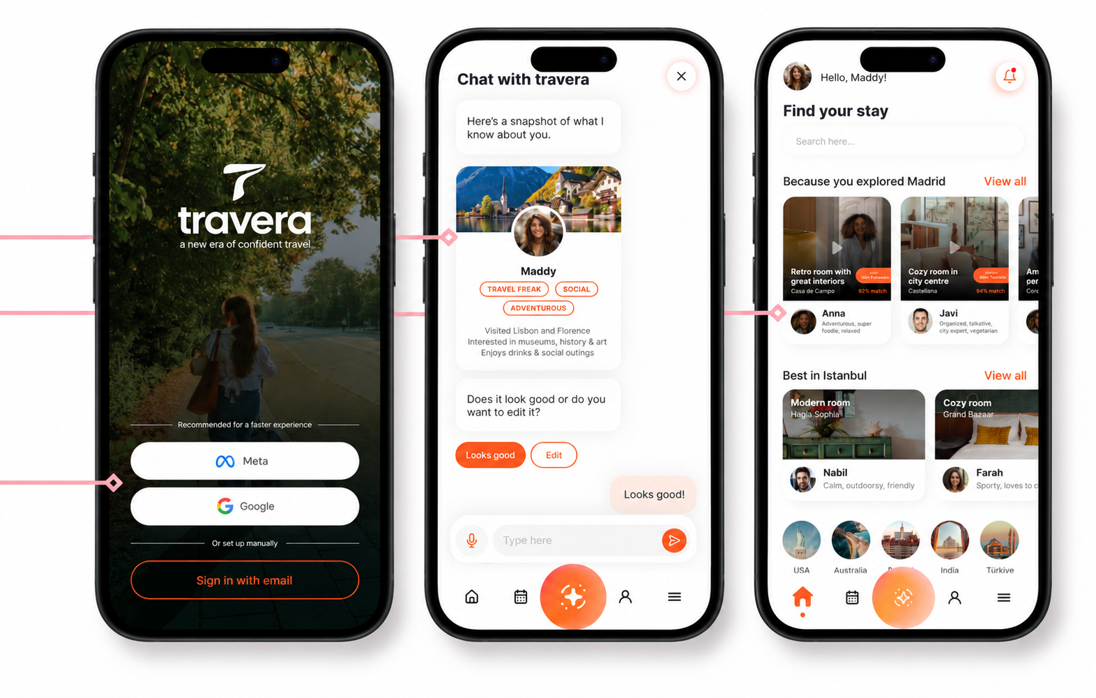 Screenshots of the Travera travel app on a smartphone, showing the login screen, chat interface with user Maddy, and travel accommodation options based on user exploration.