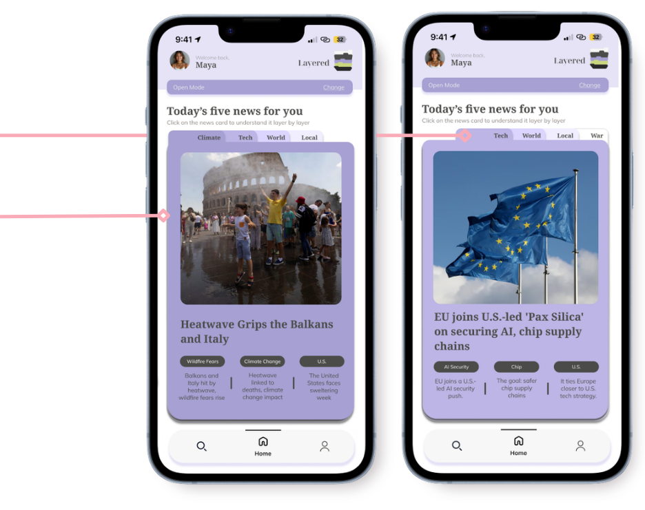 Smartphone screen displaying news app with two headlines and images. The left headline reads 'Heatwave Grips the Balkans and Italy' with a photo of people in front of the Colosseum; the right headline reads 'EU joins U.S.-led 'Pax Silica' on securing AI, chip supply chains' with a photo of the European Union flag.