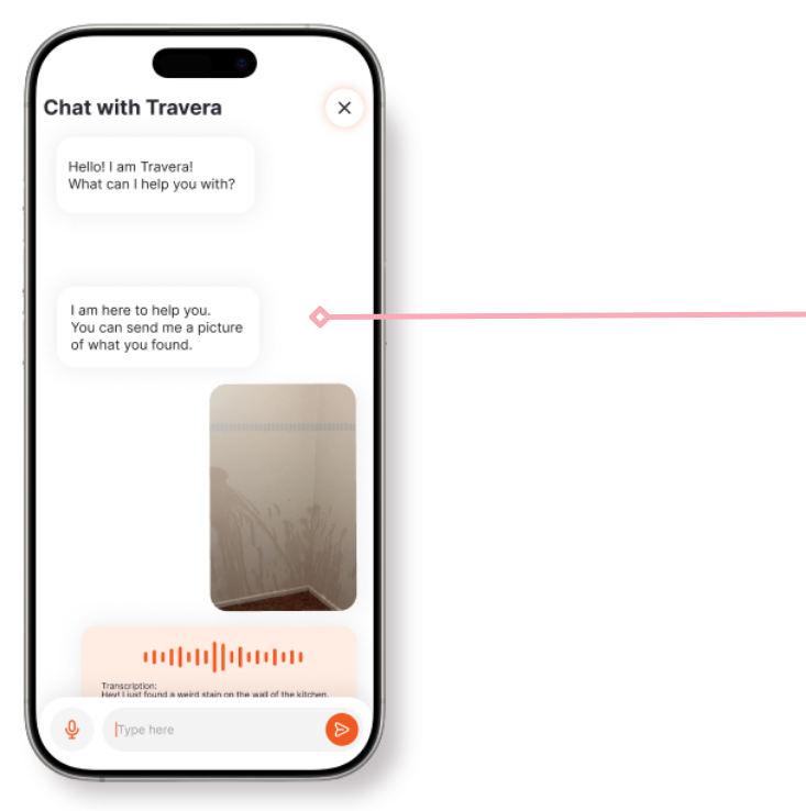 Smartphone screen displaying a chat conversation with Travera, showing an image of a wall with a stain in a kitchen.