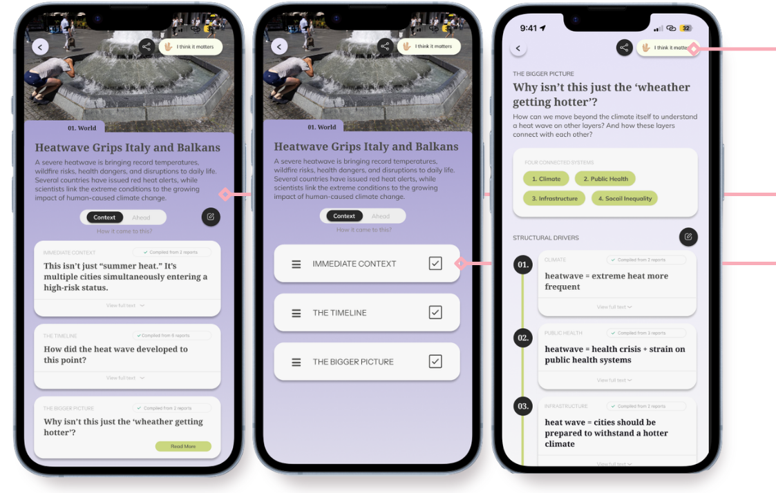Three smartphones display a mobile app with articles about heatwaves, their effects, and climate change, with one showing a photo of a person drinking from a water fountain.