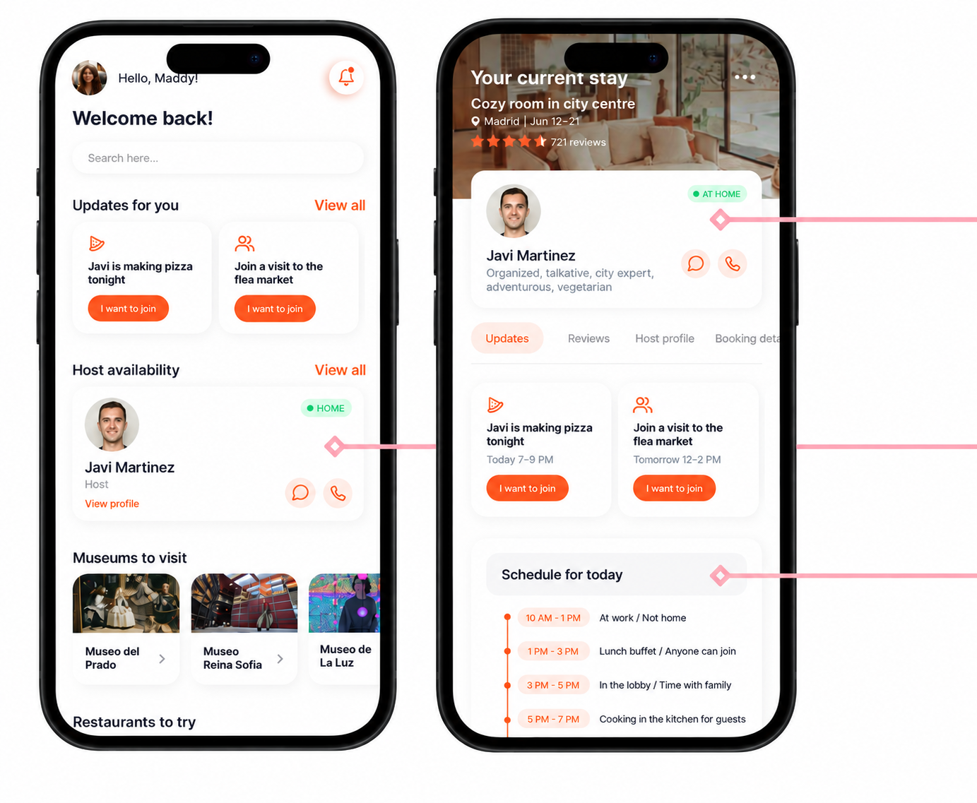 Two smartphone screens displaying a travel or hotel booking app interface. The left screen shows greetings, updates, host availability, museums to visit, and restaurants to try. The right screen shows details of a current stay in Madrid, including the host's profile, stay updates, reviews, host profile, booking details, and a schedule for the day.