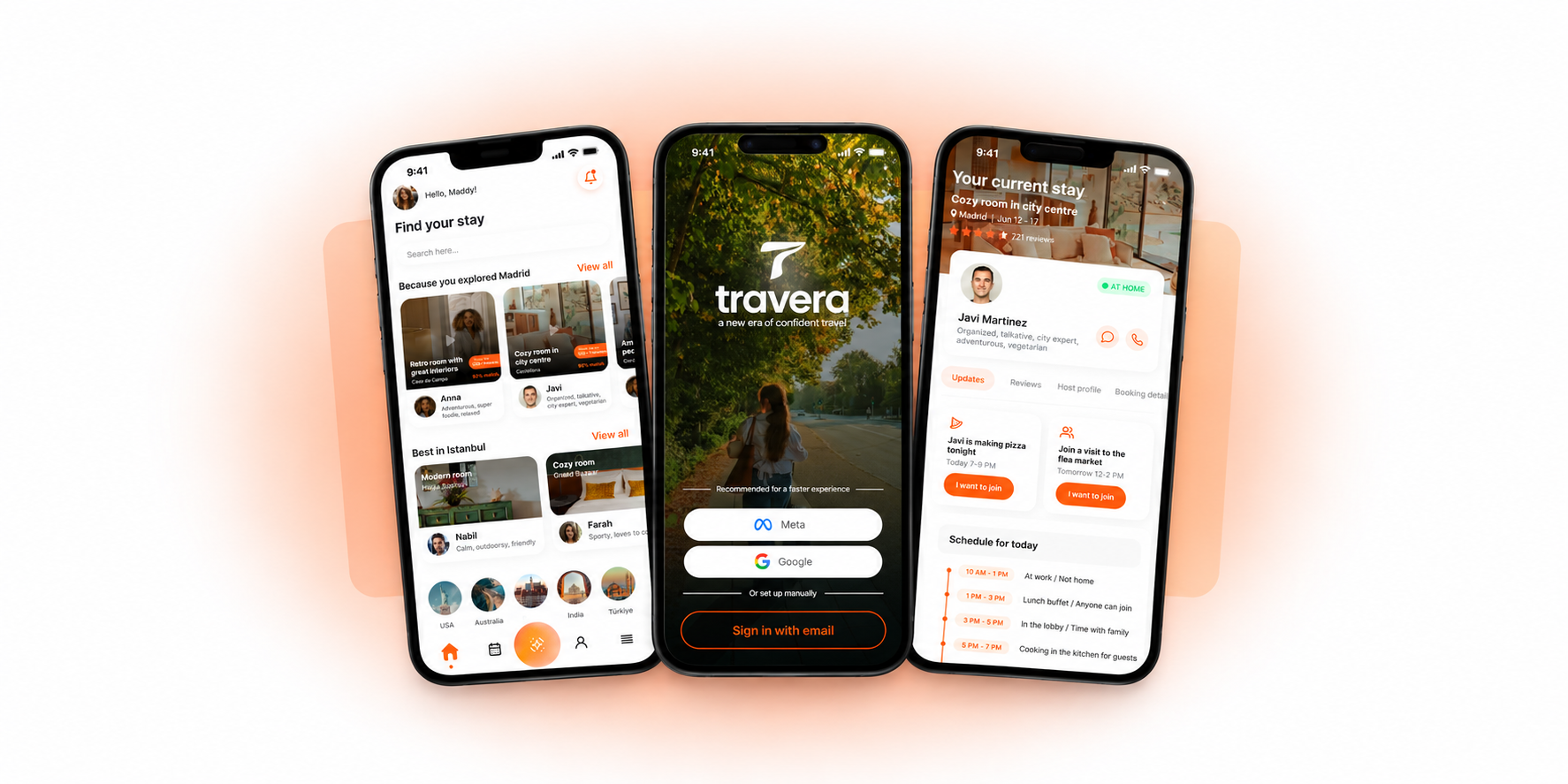 Smartphone screens displaying a travel app called 'Travera'. The app features include finding and reviewing stays, user profile, travel schedule, and booking details, with a nature background on the launch screen.