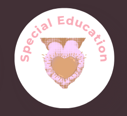 A circular logo with a light pink teddy bear face holding a heart-shaped balloon, surrounded by the words 'Special Education' in pink text on a white background.