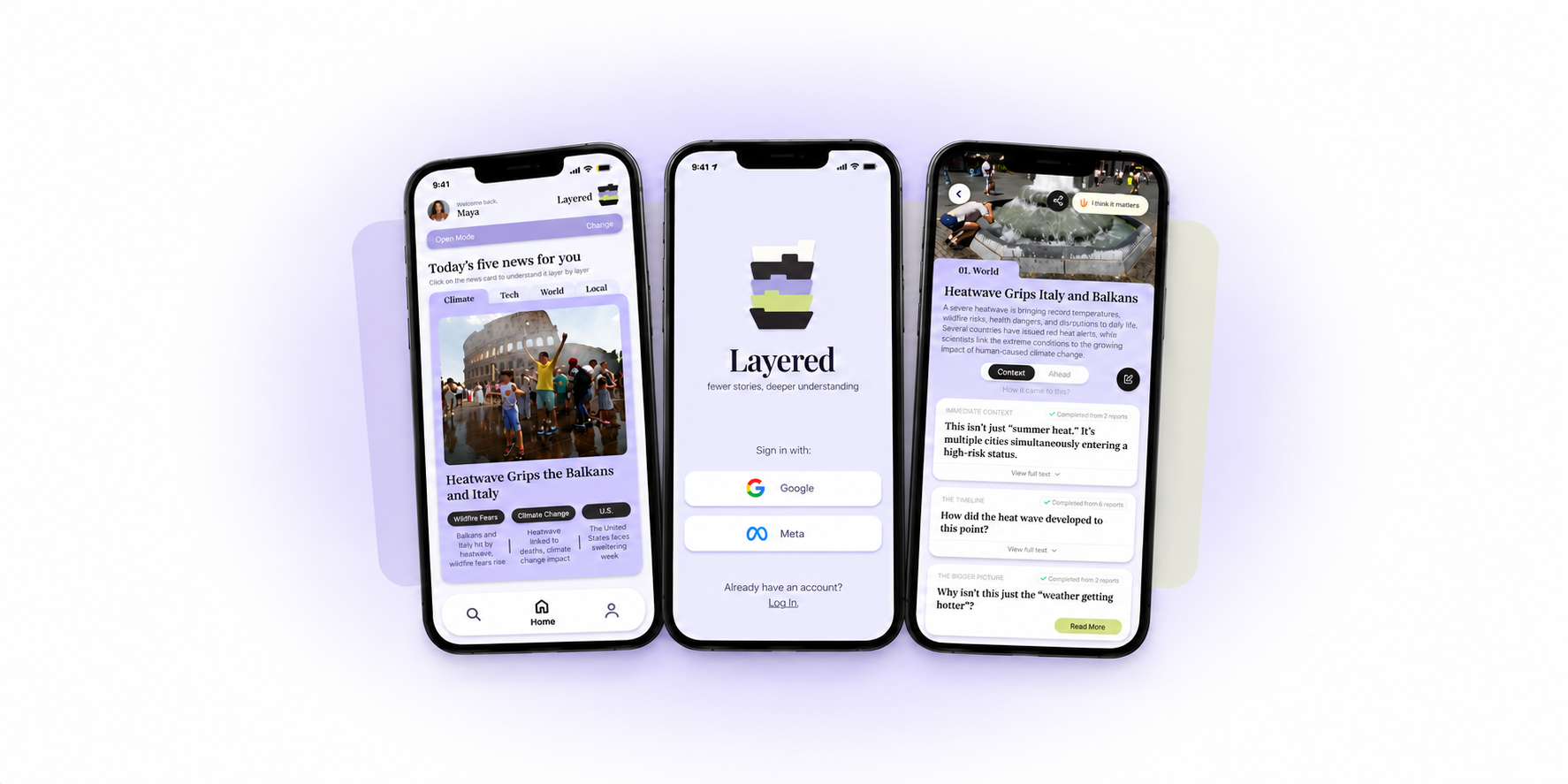 Three smartphones displaying the Layered app interface with news articles on climate change, tornado, and weather, set against a white background.