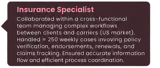 Text describing insurance work: Collaborated within a cross-functional team managing workflows for the US market, handling 250 weekly cases involving policy verification, endorsements, renewals, and claims tracking, ensuring flow and process coordination.
