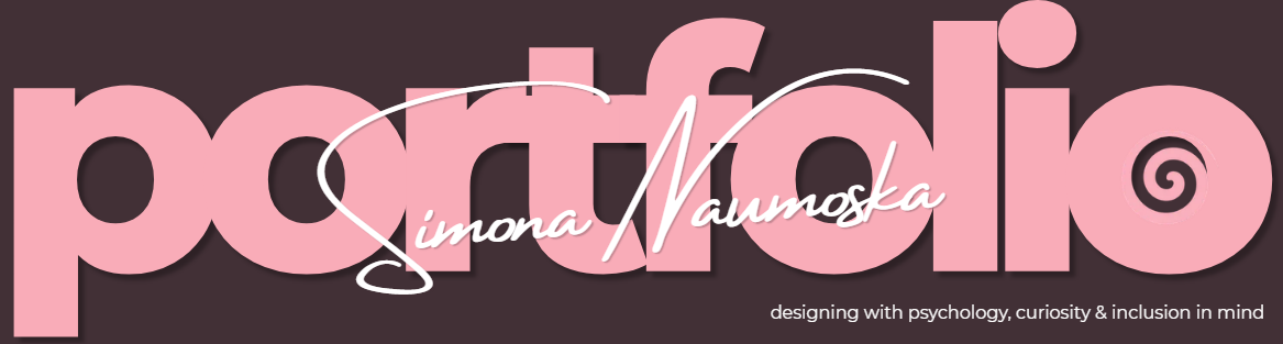 Text graphic with large pink letters spelling 'podfolio' and the name 'simona vaumoska' in white script, and a subtitle about designing with psychology, curiosity, and inclusion in mind.