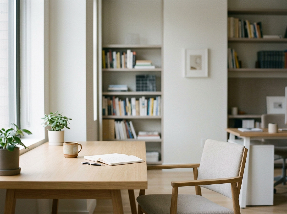 A cozy home office with a wooden desk, two potted plants, a coffee mug, an open notebook, and a pen. There are bookshelves filled with books on the wall and a window allowing natural light.