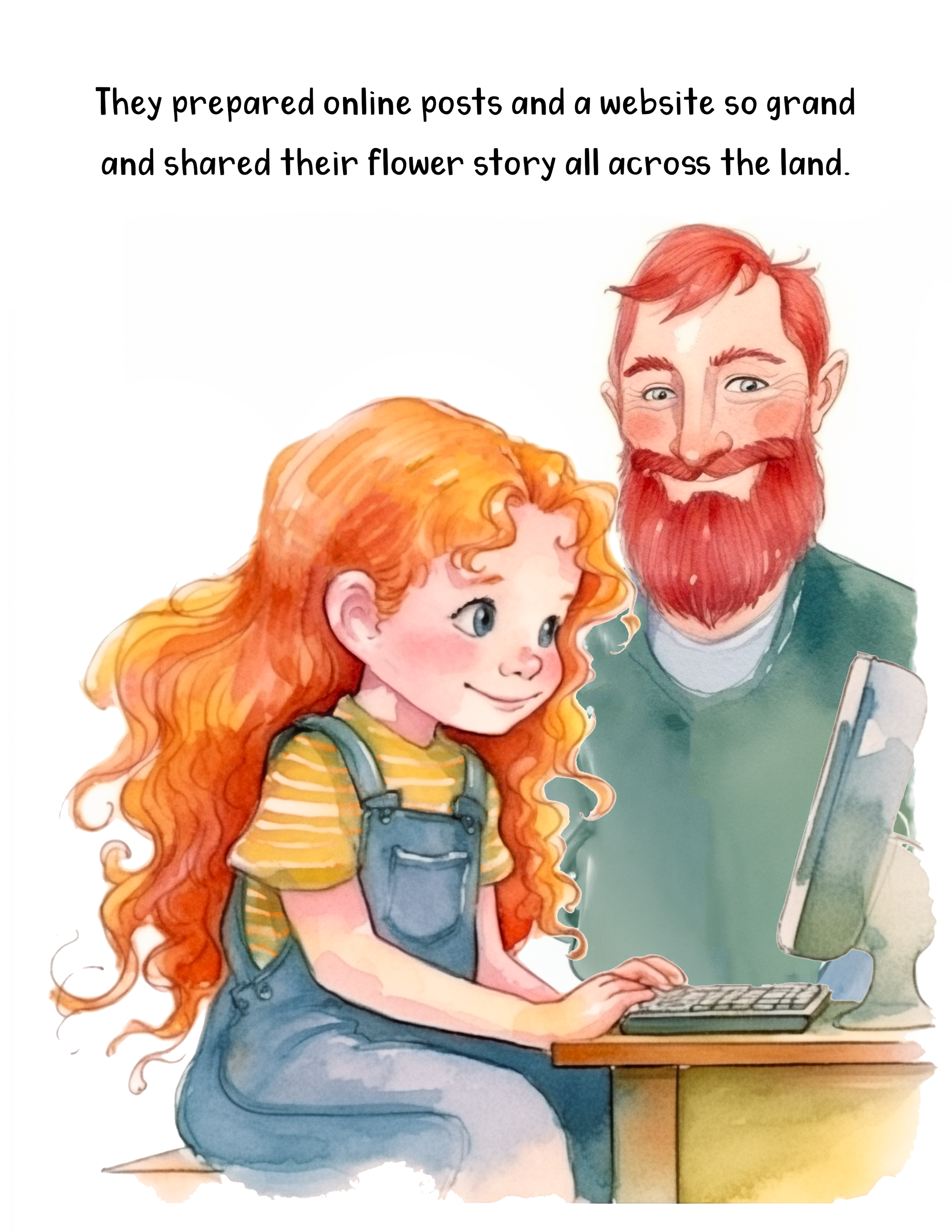 A young girl with long red curly hair, wearing a yellow striped shirt and blue overalls, sits at a wooden desk and types on a keyboard. A man with a beard and red hair, wearing a green jacket, stands beside her holding a clipboard or tablet, smiling.