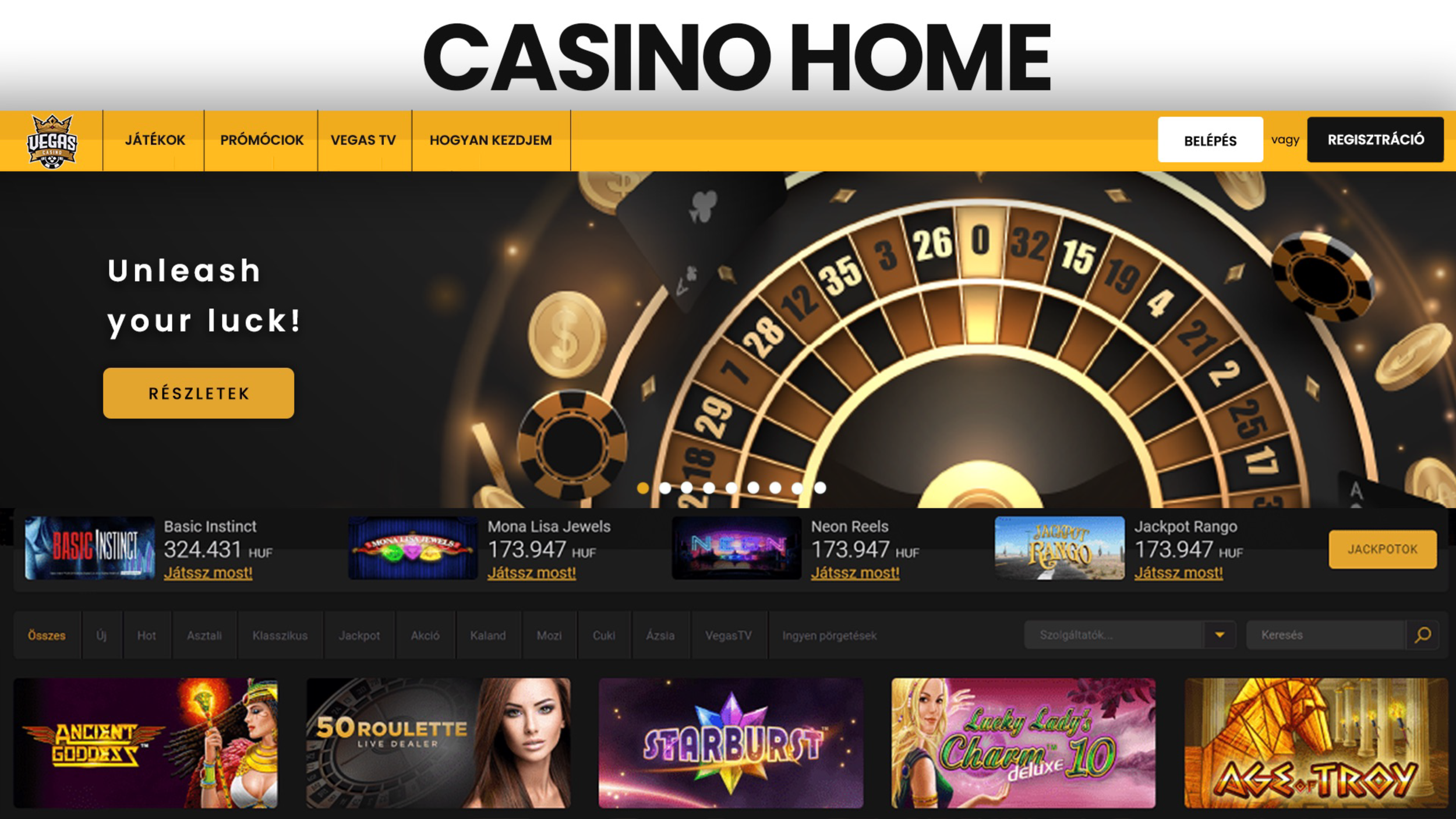 Online casino homepage with a roulette wheel graphic, navigation menu in yellow, and game thumbnails featuring various themed slot games.