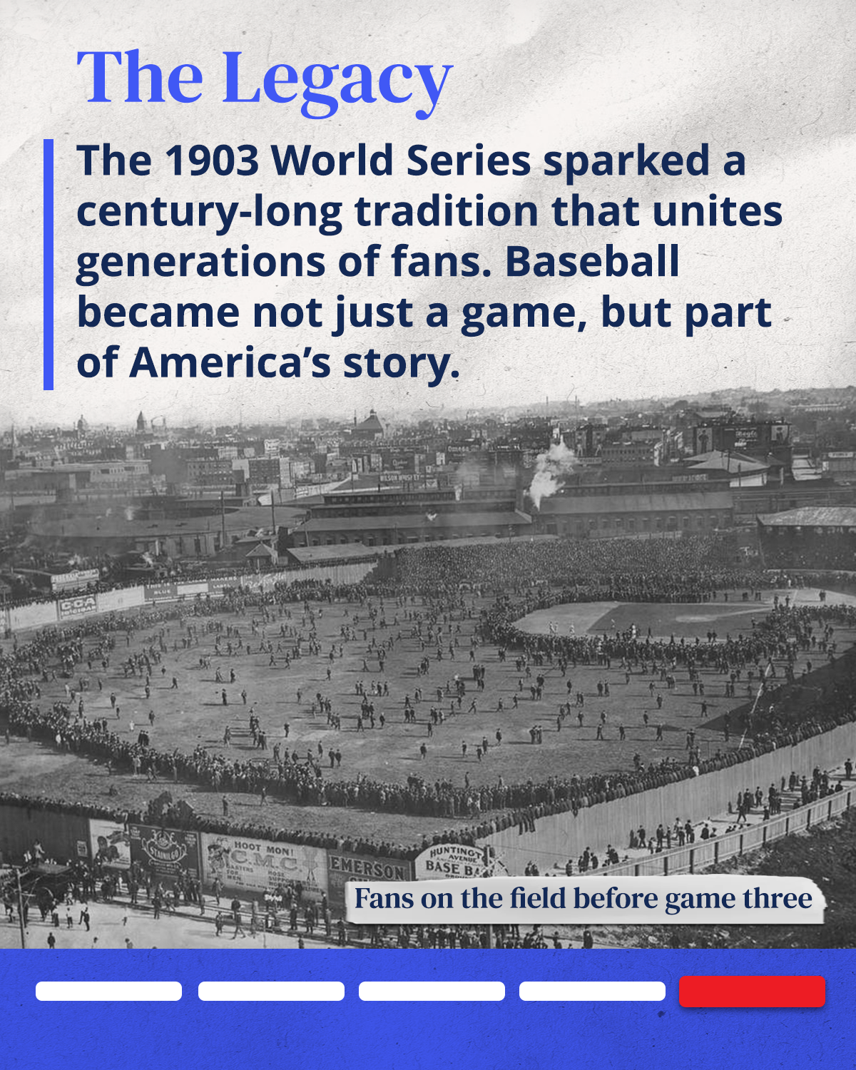 Black and white photograph of a baseball stadium filled with fans before the third game of the 1903 World Series, showing the field and surrounding cityscape.