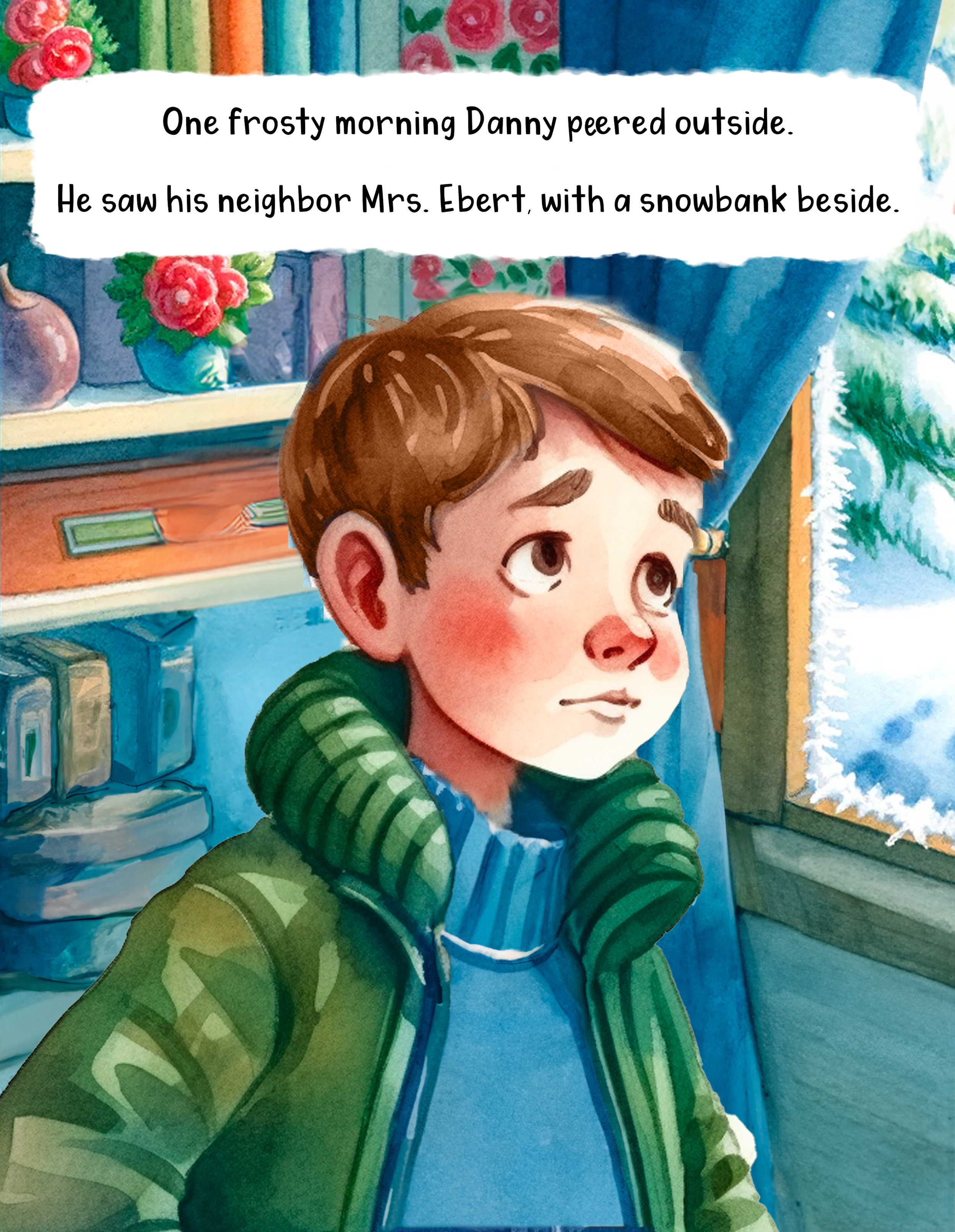 A young boy with brown hair, wearing a green striped jacket and blue shirt, standing outside on a frosty morning. Behind him, there is a wooden shelf with potted plants and books, and snow is visible through a window.
