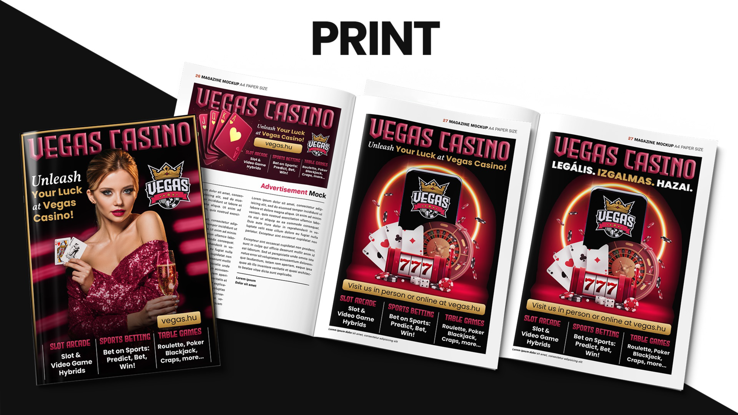 Magazine mockups showcasing a Las Vegas casino themed promotional flyer with a woman in a red dress holding playing cards, roulette, poker chips, and slot machine graphics, along with texts about Las Vegas casino games and betting.