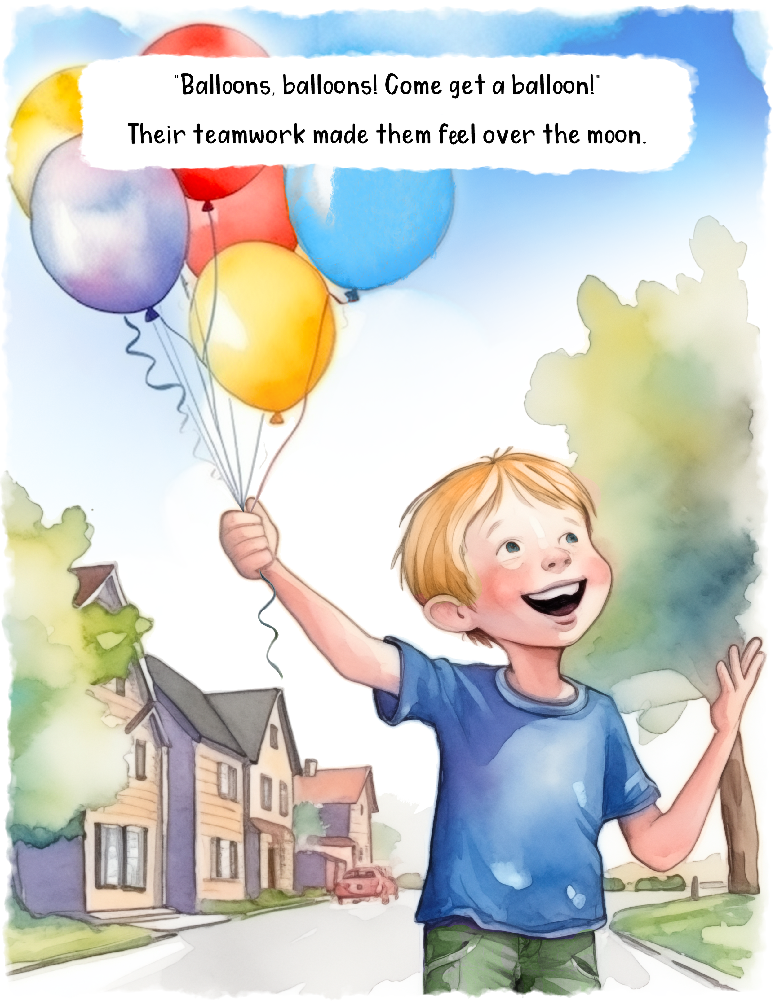 A young boy with short red hair and a big smile, wearing a blue t-shirt and green shorts, holding colorful balloons in a residential neighborhood with houses, trees, and a car in the background.