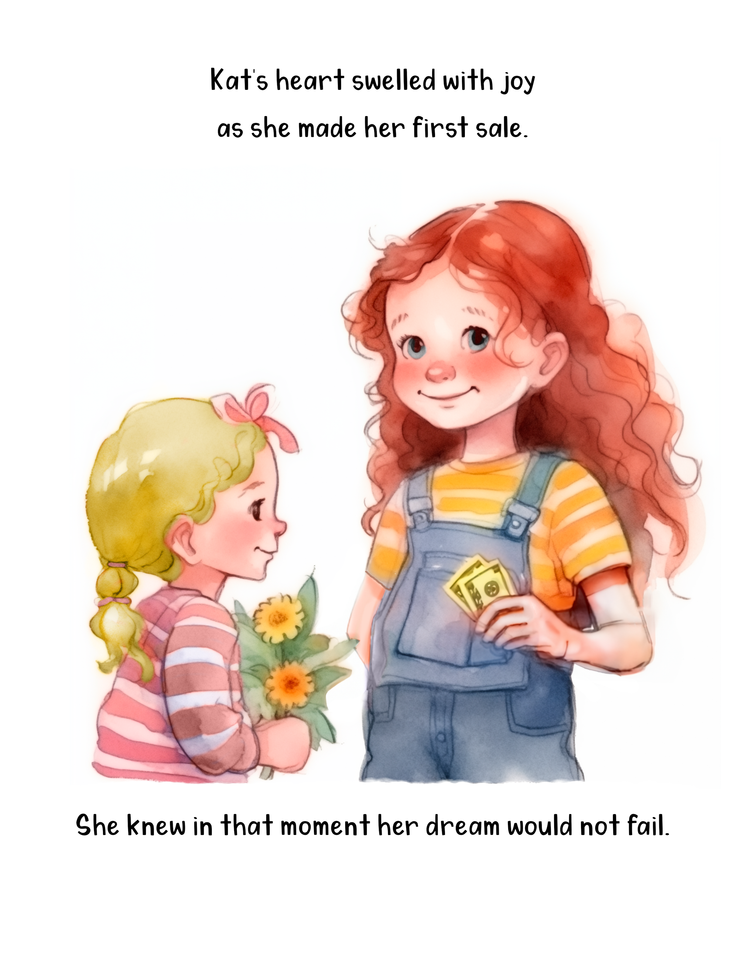 A girl with red curly hair wearing a yellow striped shirt and denim overalls is holding a small stack of money and smiling. A girl with blonde pigtails, wearing a pink and white striped shirt, holds a bouquet of yellow flowers and looks at her. There
