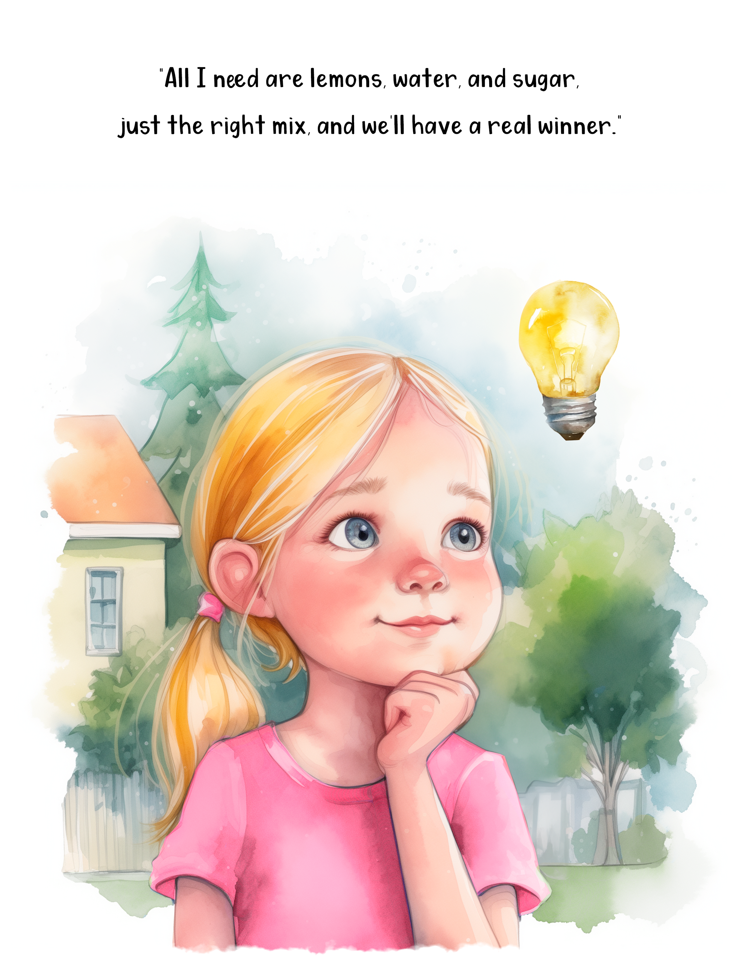 A girl with blonde hair and big blue eyes, wearing a pink shirt, thinking with her hand on her chin in a park with trees and a yellow glowing light bulb in the background.
