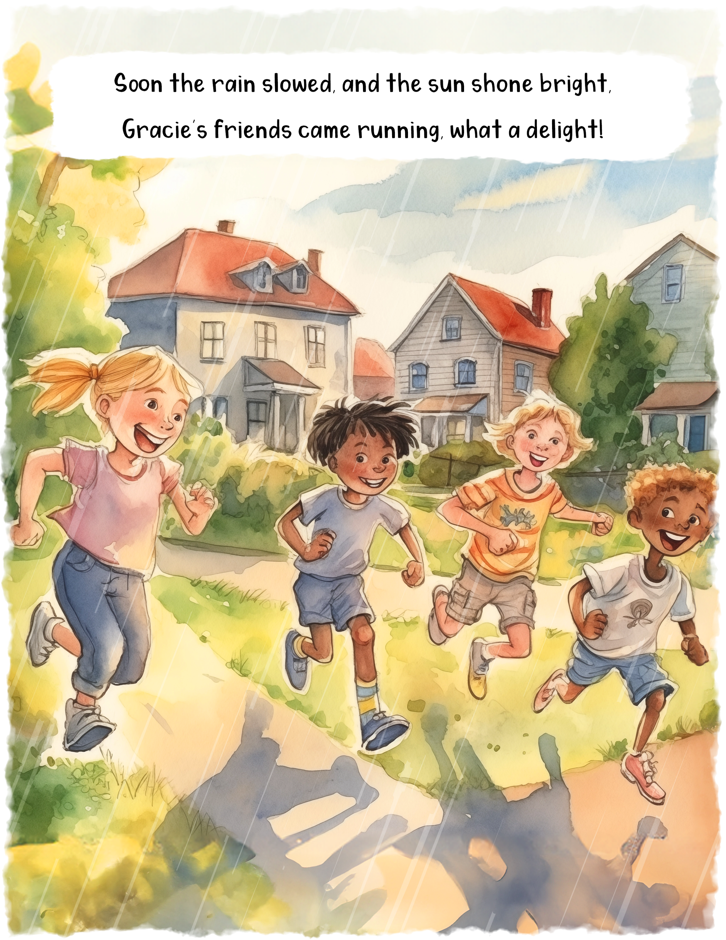 Illustration of four children running outdoors in a neighborhood during a rainstorm, with houses, trees, and a cloudy sky in the background.