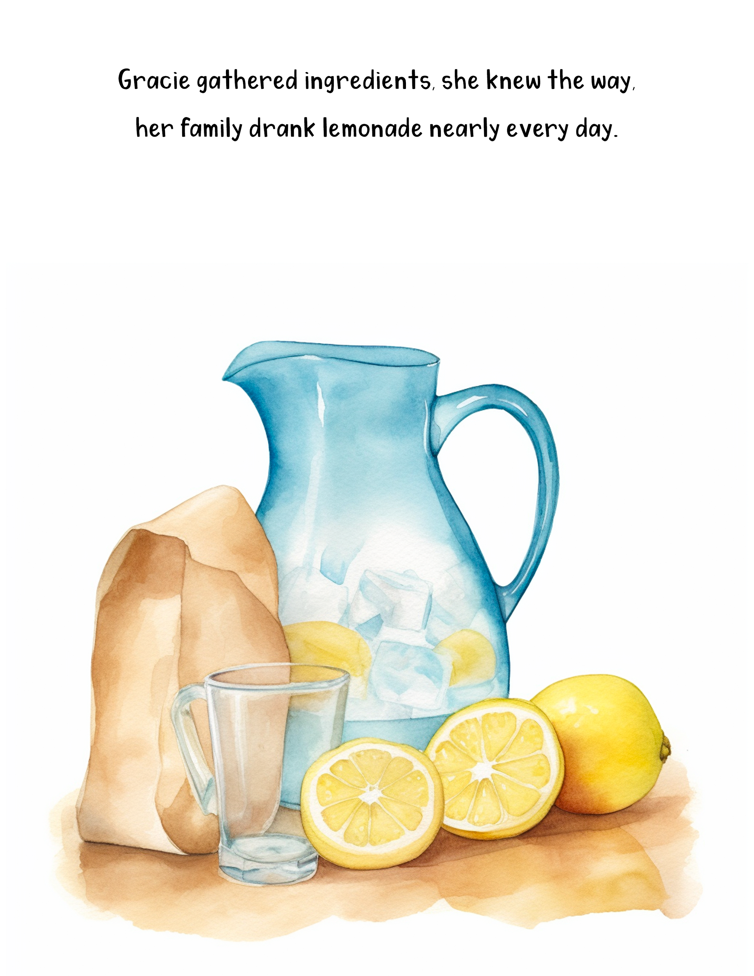 Watercolor painting of a kitchen scene with lemons, a pitcher of lemonade, a glass of lemonade, a loaf of bread, and a jug of water, with text about a girl named Gracie knowing the recipe.