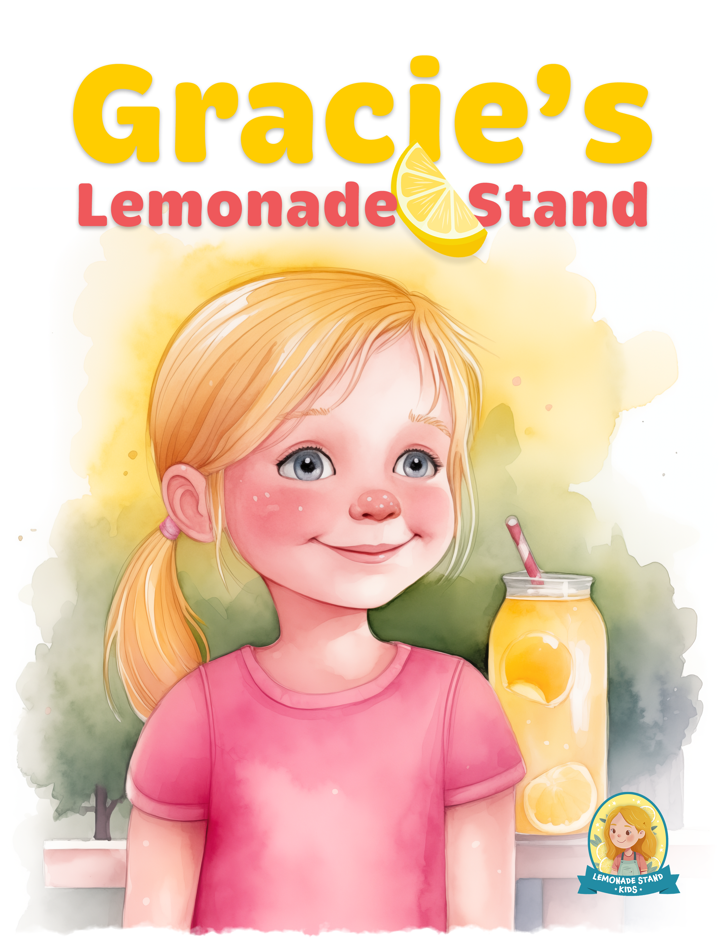 Illustration of a young girl with blonde hair and blue eyes, wearing a pink shirt, standing in front of a lemonade stand. The stand has a sign that reads 'Thanks' in large yellow letters and 'Lemonade Stand' in red, with an image of a lemon wedge. Th