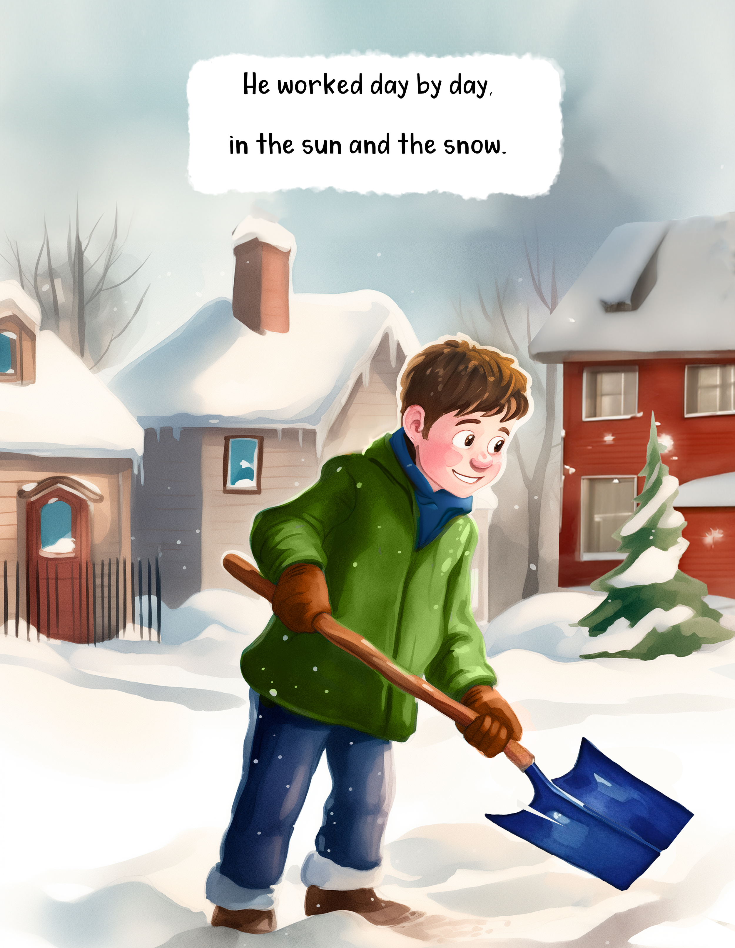 Young boy in a green jacket and brown boots shoveling snow in front of houses in a snowy neighborhood.