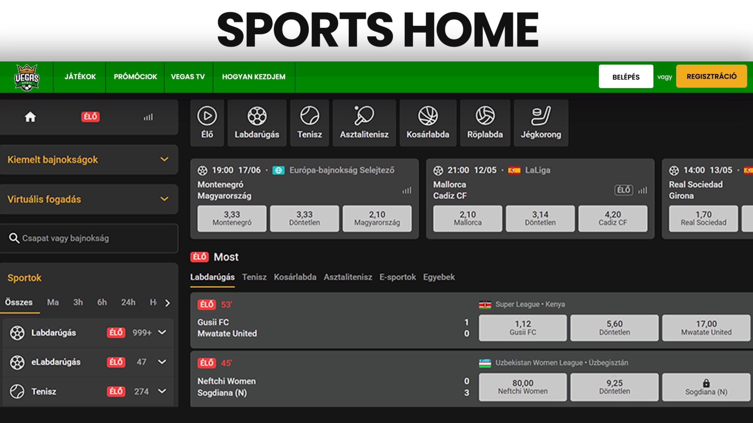 Screenshot of a sports betting website showing upcoming soccer matches, betting odds, and various sports categories.