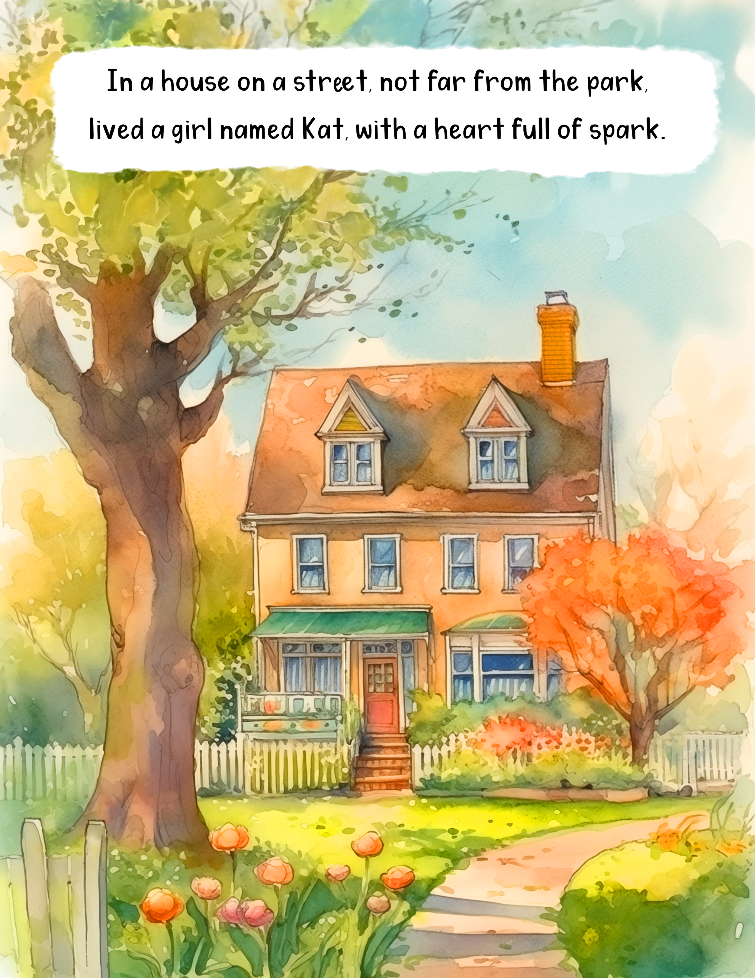 A watercolor painting of a house with a porch, surrounded by trees with autumn leaves, a white picket fence, and a garden path.