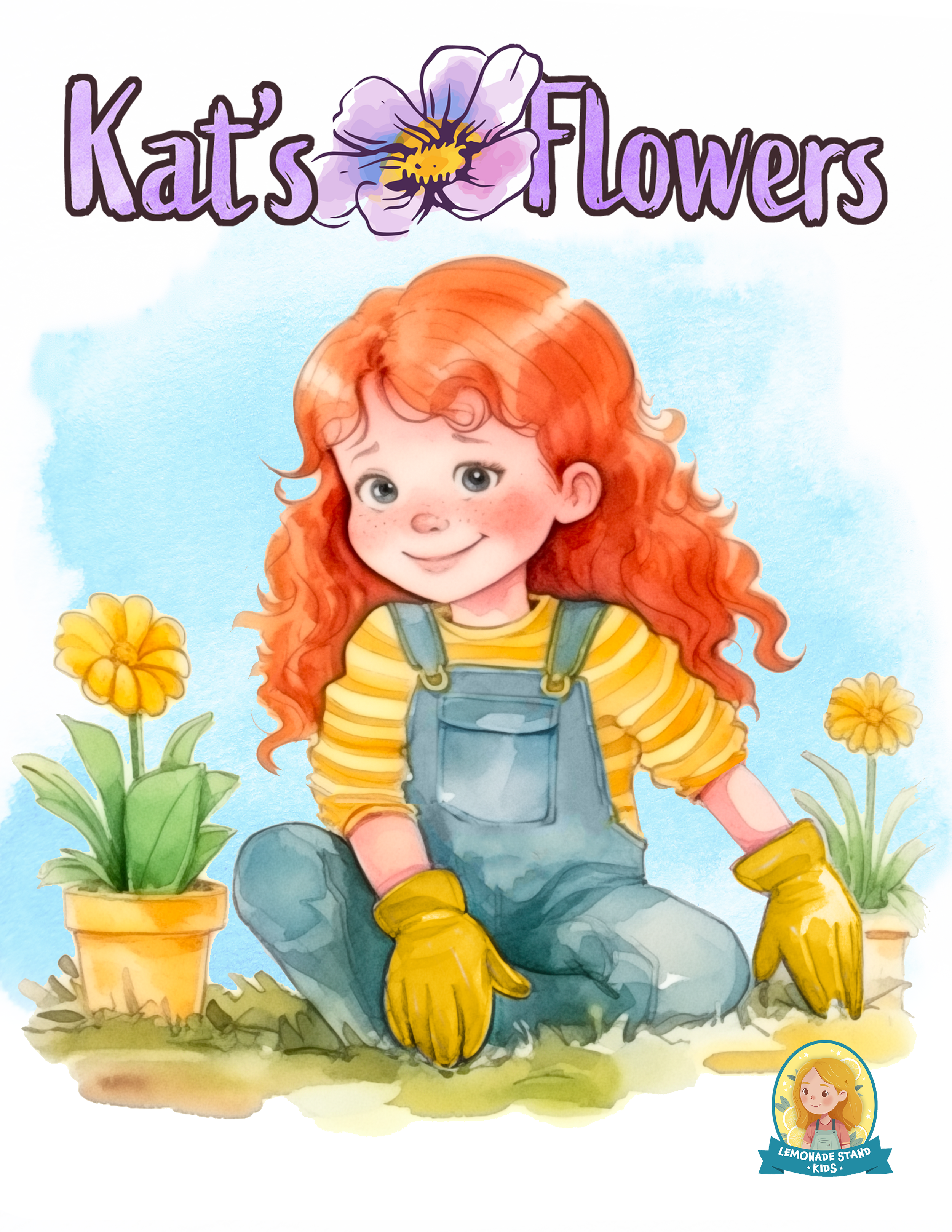 A cartoon illustration of a young girl with wavy red hair, sitting among potted flowers, wearing yellow gloves, a yellow striped shirt, and blue overalls. The background is blue with white clouds, and there are yellow flowers in pots around her.